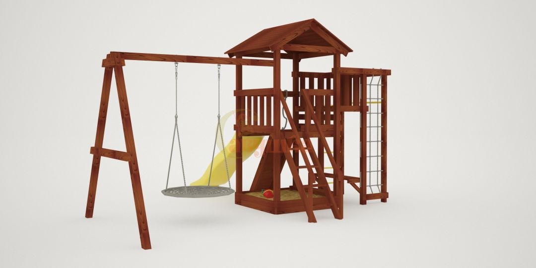 Детская площадка Савушка Мастер 3 с качелями Гнездо 1 метр - Махагон